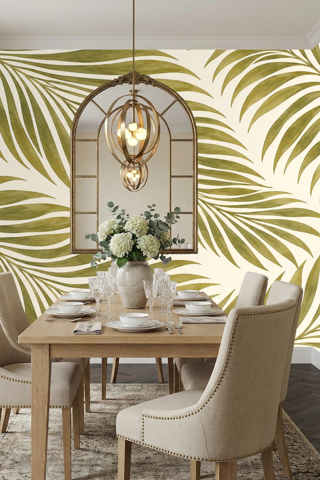 Partial view of a wall covered in Olive Frond Cascade wallpaper focusing on leaf shapes