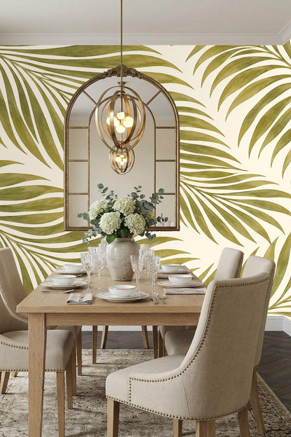 Partial view of a wall covered in Olive Frond Cascade wallpaper focusing on leaf shapes