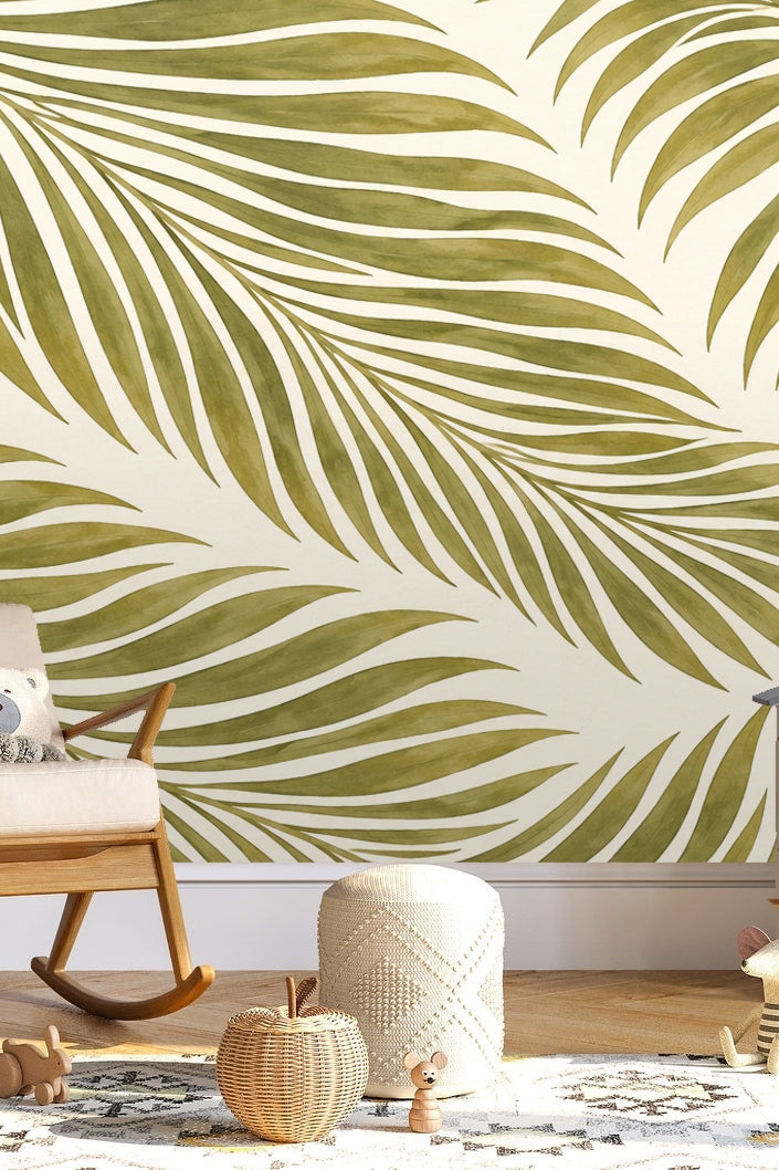 Close-up of Olive Frond Cascade wallpaper showing olive green palm leaves on a creamy white background