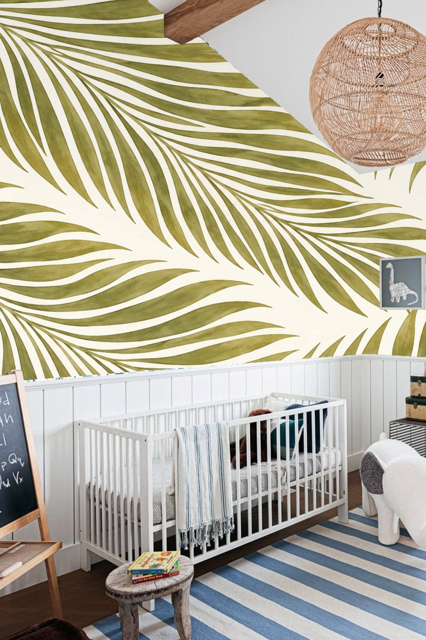 Detail of watercolor texture in olive green palm leaves on the wallpaper
