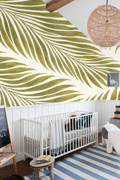 Detail of watercolor texture in olive green palm leaves on the wallpaper