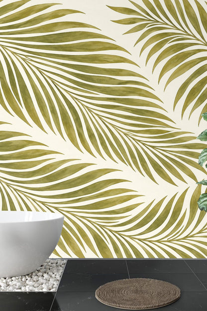 Room corner with natural light highlighting wallpaper’s olive palm patterns
