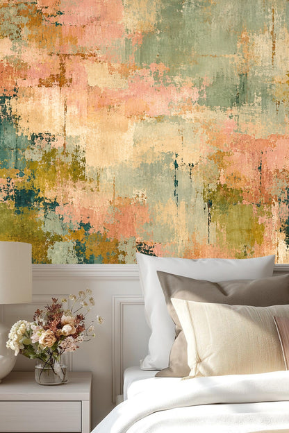 Abstract wallpaper artwork in muted pink, teal, ochre, and sage brushstrokes