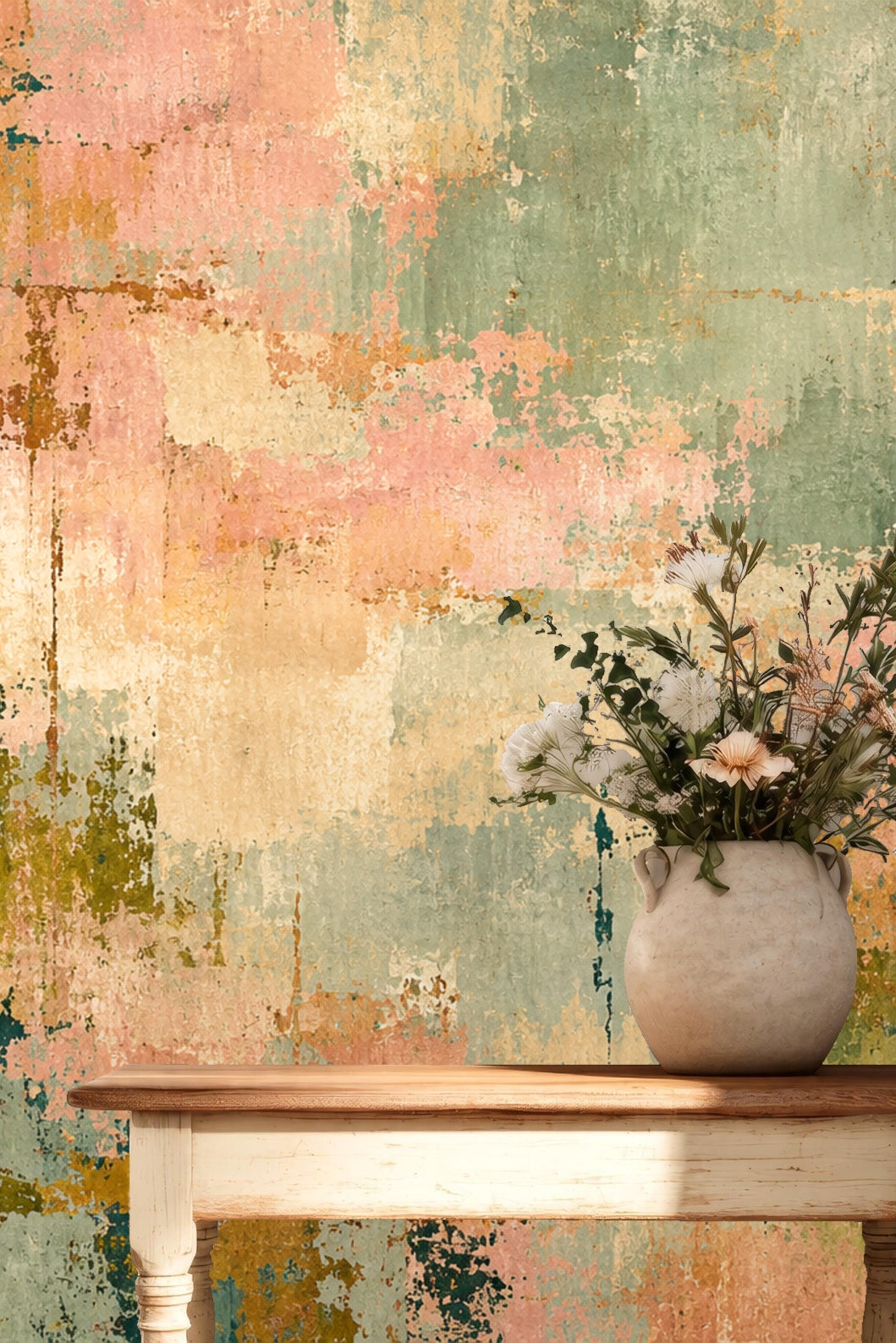 Living room with tan sofa and abstract terrain mural wallpaper in muted pastels