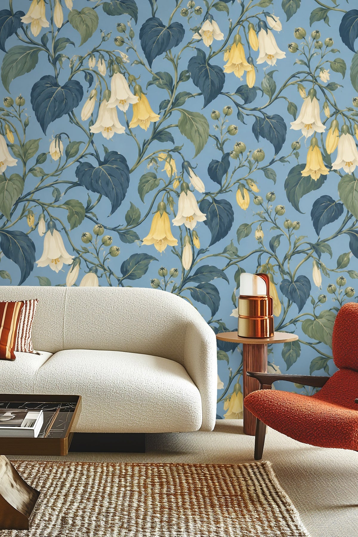 Art printed wallpaper roll with blue background and yellow flowers