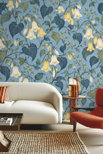 Art printed wallpaper roll with blue background and yellow flowers