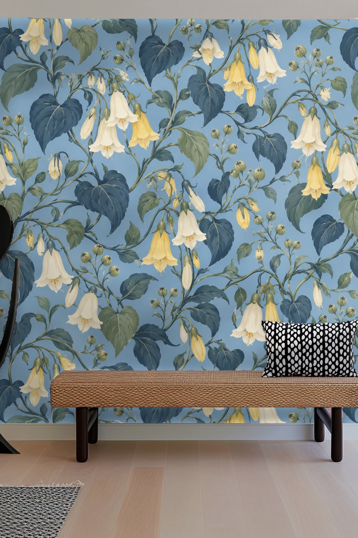 Large hanging bellflower blossoms with detailed leaves on wallpaper