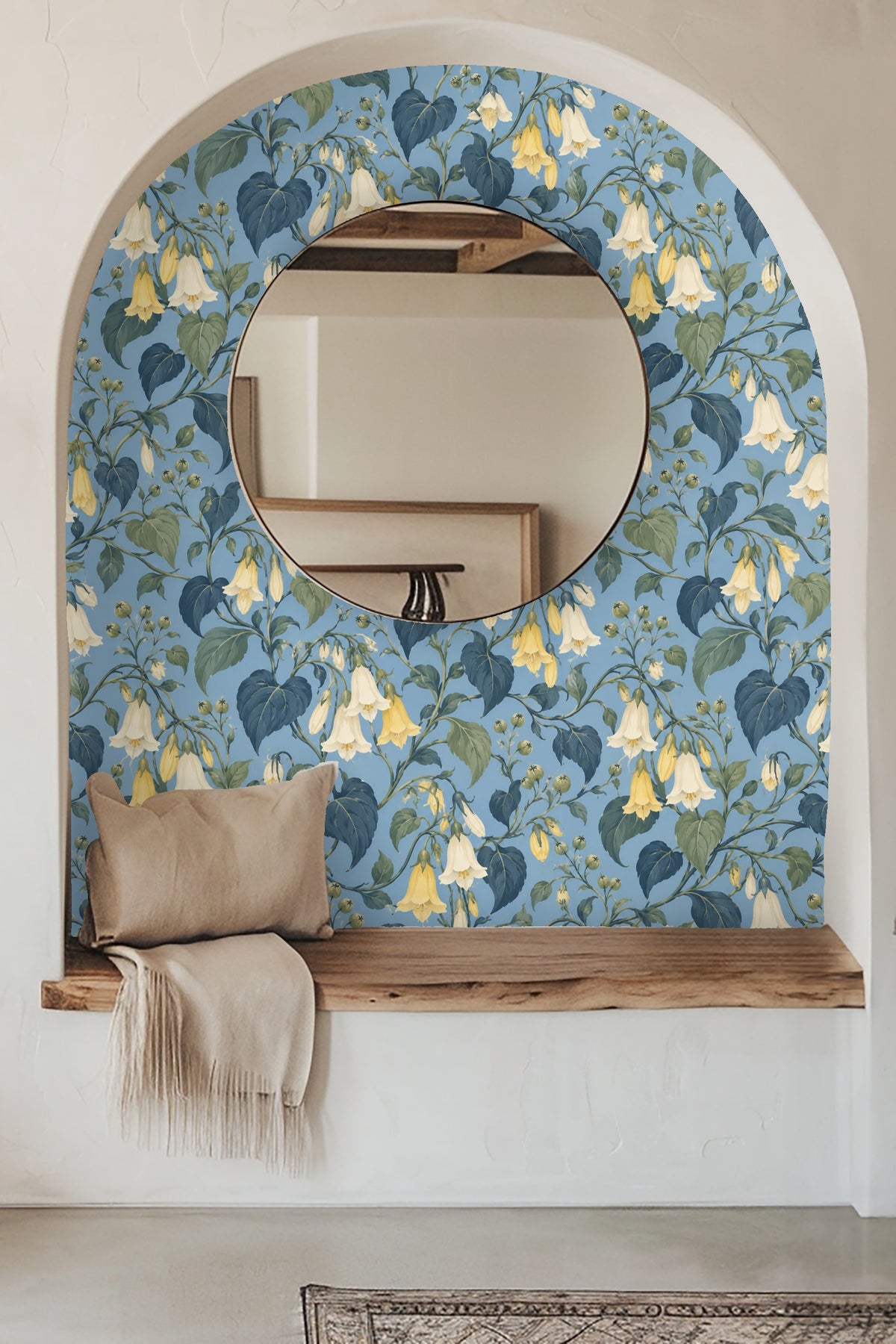 Heart-shaped deep green leaves and buds on floral wallpaper design