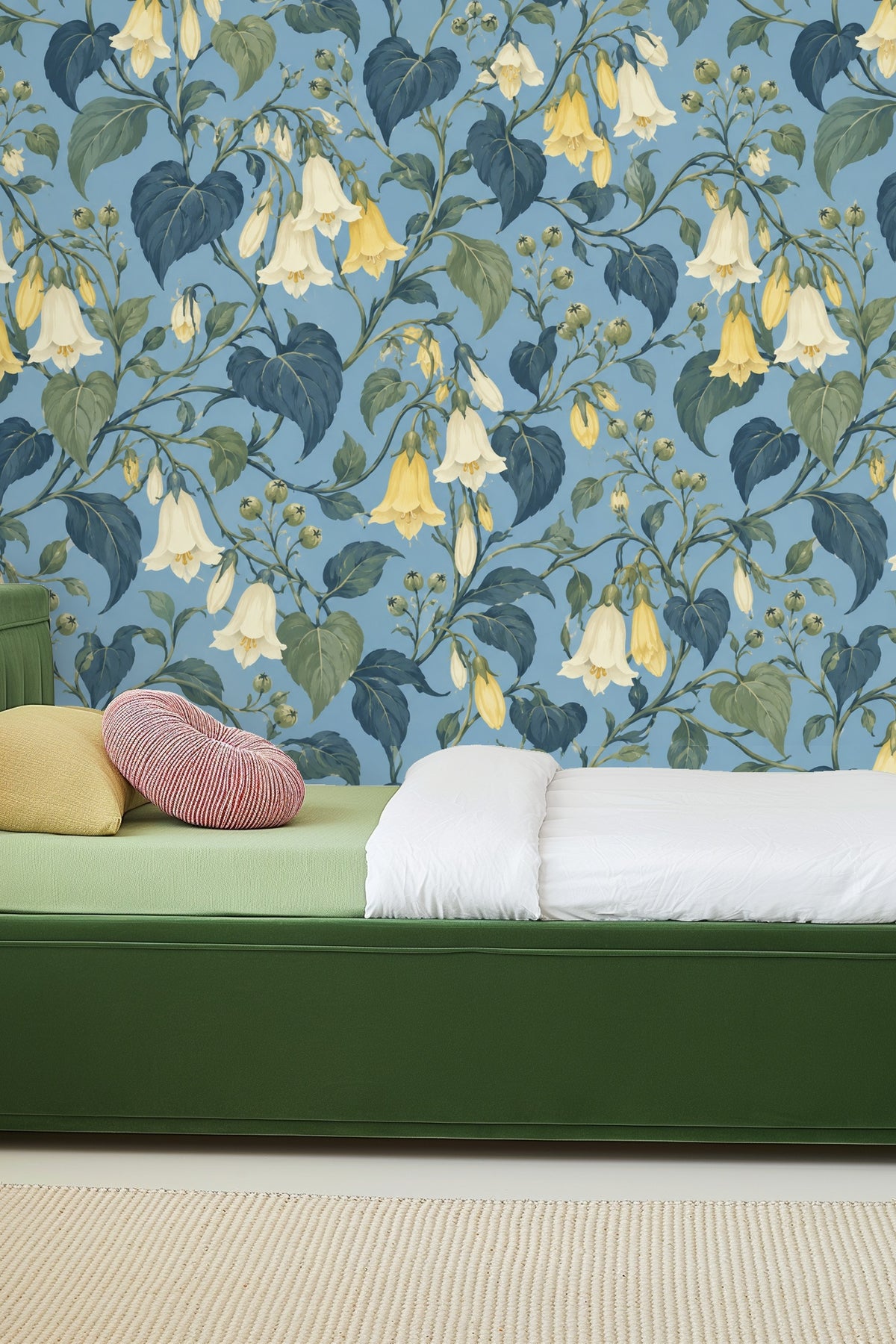 Close focus on painterly texture of wallpaper flowers and leaves