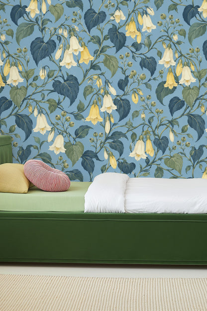 Close focus on painterly texture of wallpaper flowers and leaves