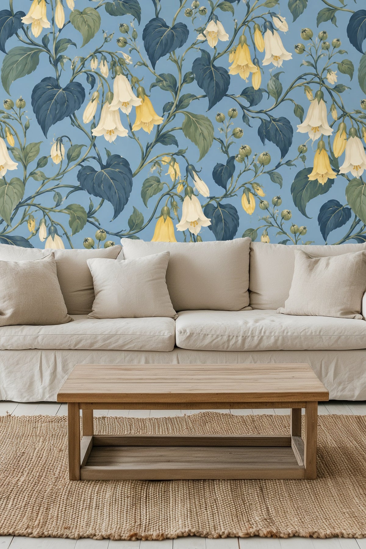 Yellow bellflowers and soft green foliage dense botanical pattern