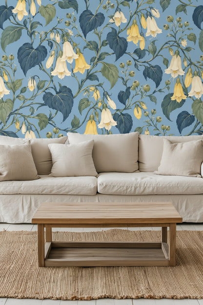Yellow bellflowers and soft green foliage dense botanical pattern