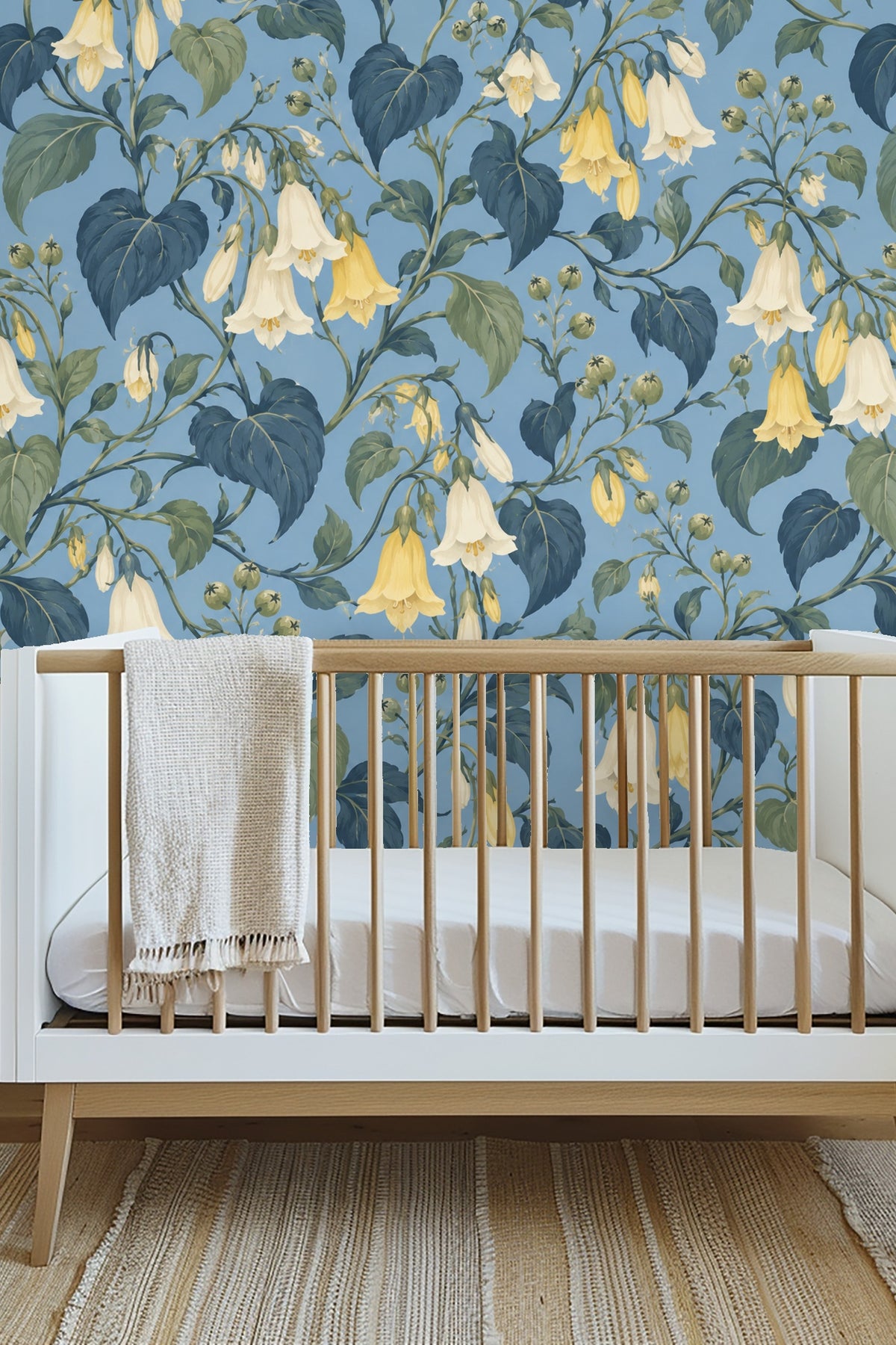 Floral wallpaper motif showing varied blooming bellflowers and buds