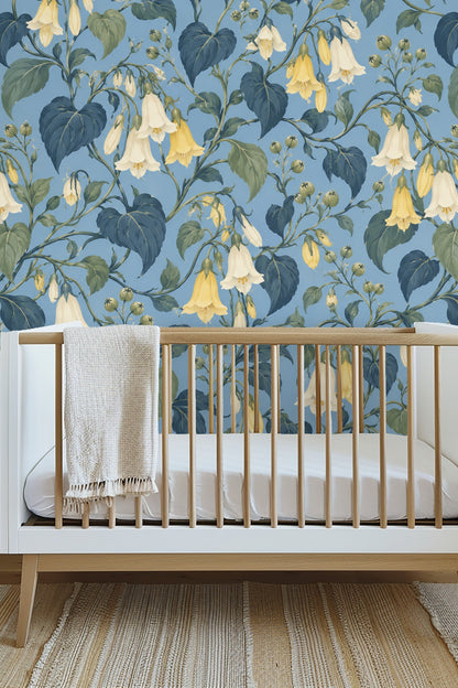 Floral wallpaper motif showing varied blooming bellflowers and buds