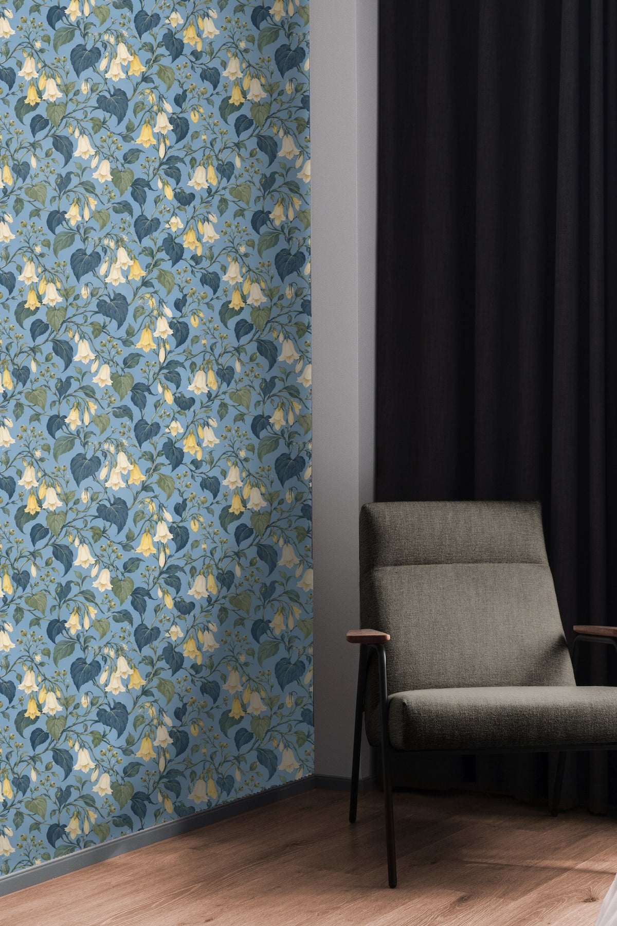 Intertwining stems and small buds with blue and green leaves on floral wallpaper