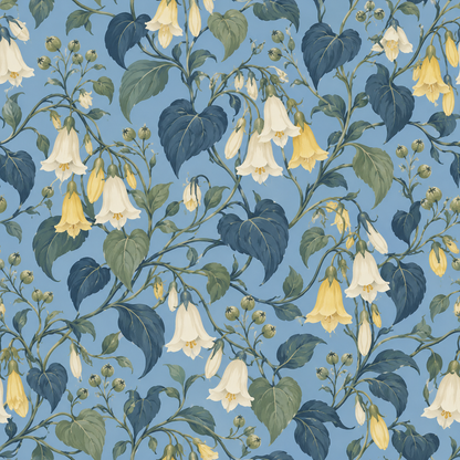 Yellow and cream bell-shaped flowers on painterly blue background