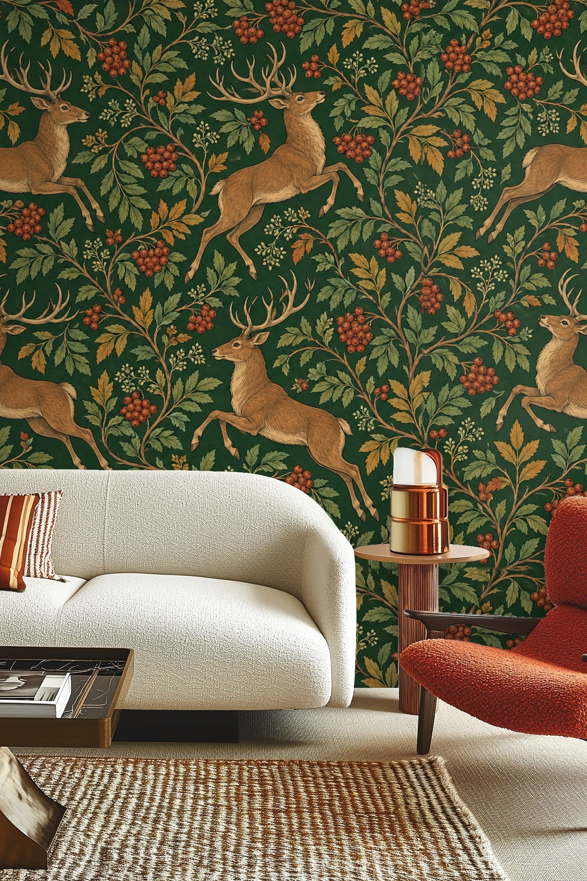 Section of wallpaper highlighting dense foliage in green, yellow, and red tones with a stag's head in profile.