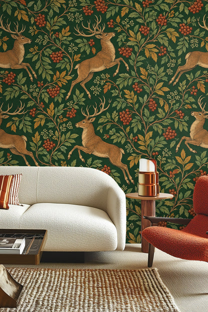 Section of wallpaper highlighting dense foliage in green, yellow, and red tones with a stag's head in profile.