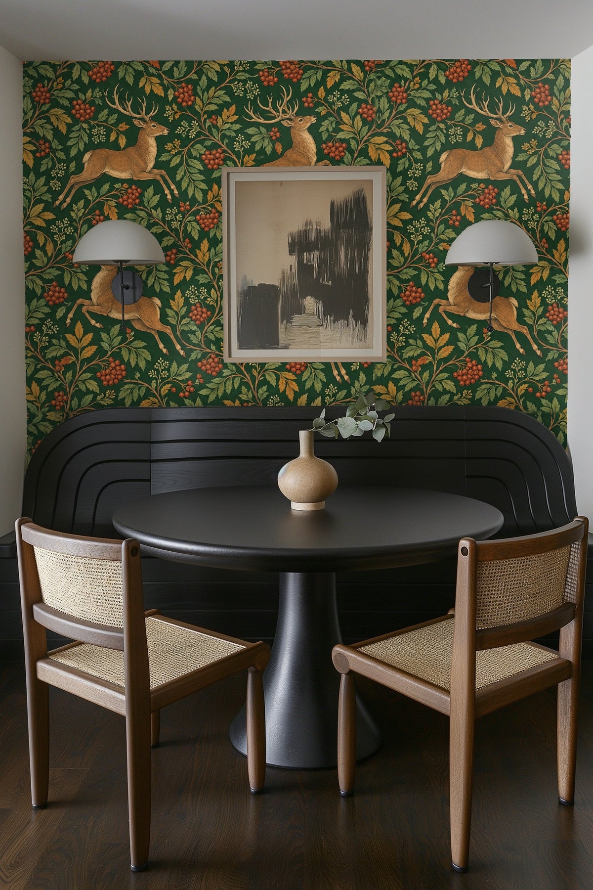Detail of wallpaper border showing stag’s full antlers woven through botanical motifs.