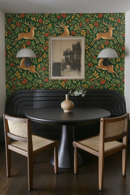 Detail of wallpaper border showing stag’s full antlers woven through botanical motifs.