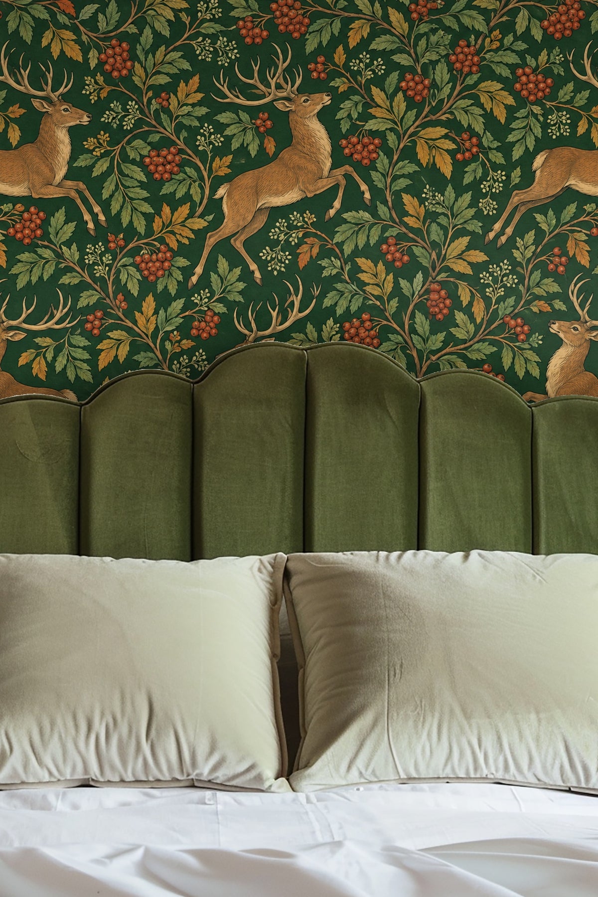 Wallpaper pattern showing four leaping stags intertwined with clusters of red rowan berries and golden leaves on a dark green background.