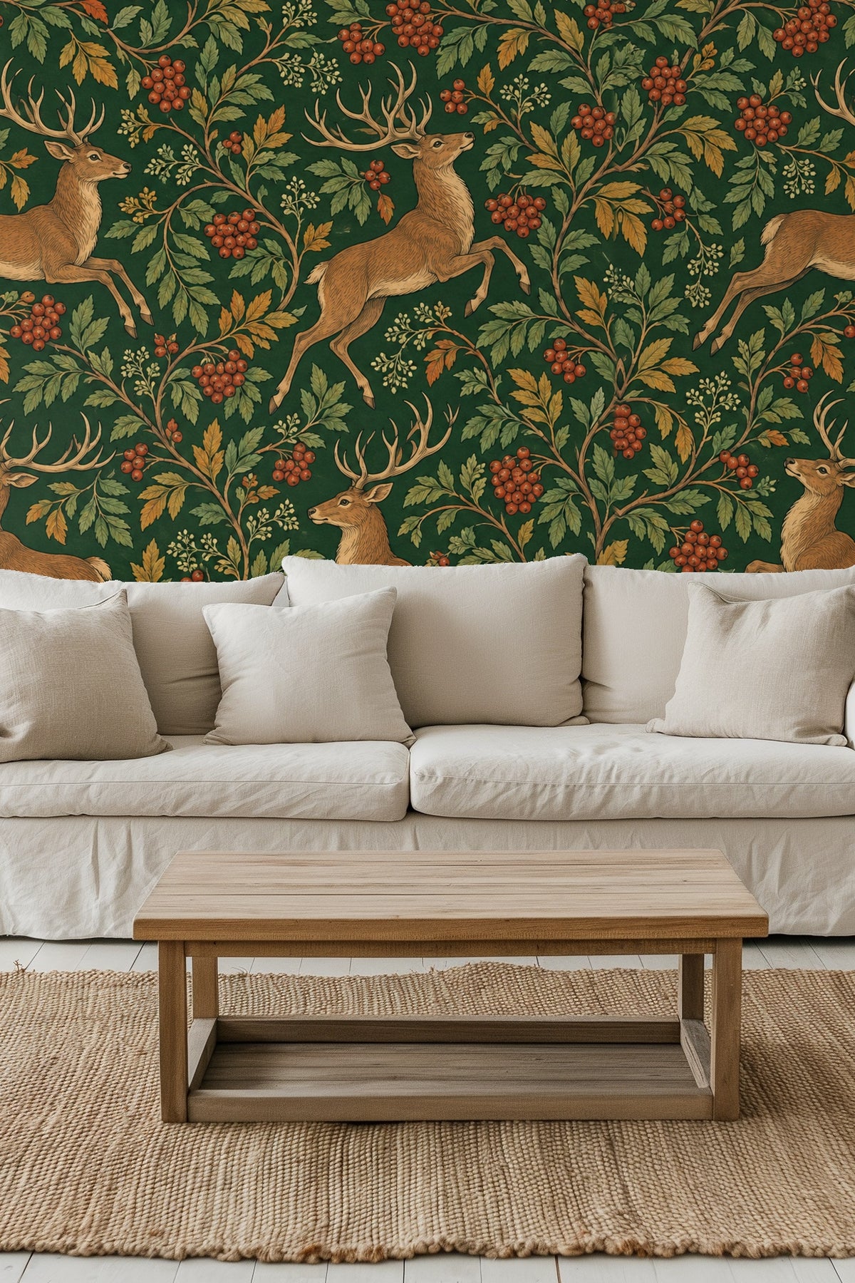 Close-up of wallpaper showing detailed engraving-style illustration of a leaping stag and rowan berries.