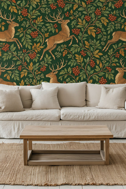 Close-up of wallpaper showing detailed engraving-style illustration of a leaping stag and rowan berries.