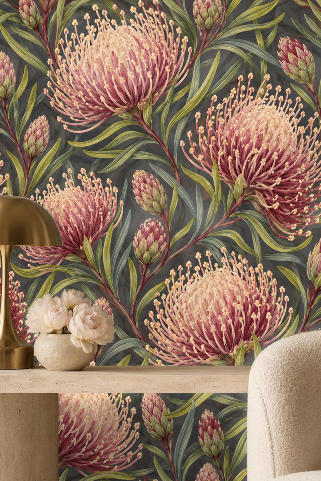 Moody charcoal provides a dramatic stage for saturated floral tones.