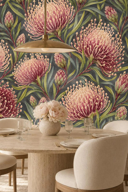 Dense arrangement of protea buds alongside fully open pincushion flowers.