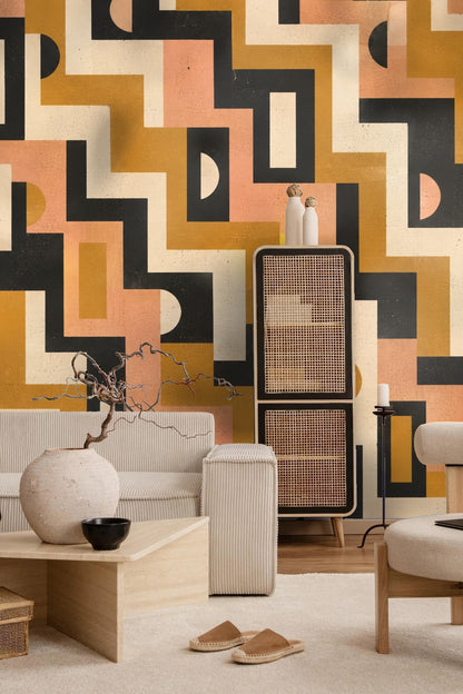 Wallpaper application example in modern living room setting with contrasting dark and light furniture