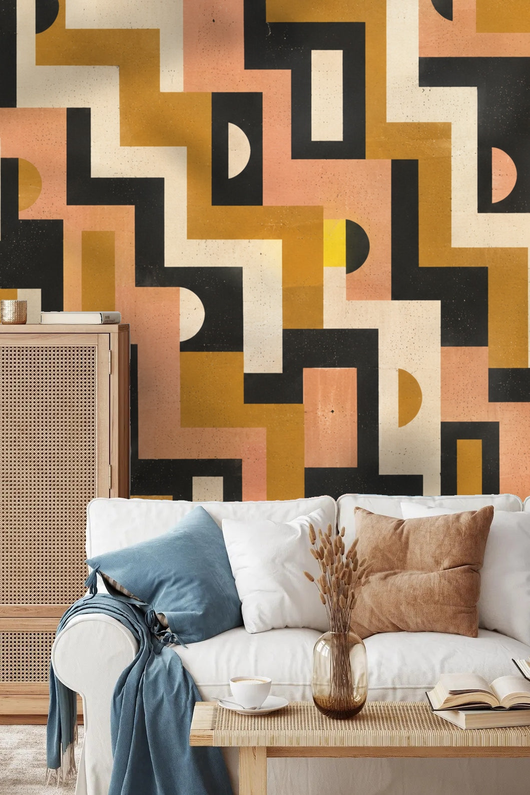 Pattern repeat showing overlapping rectangular and semi-circle forms in a warm color mix