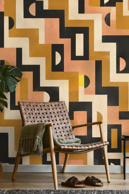 Bold geometric pattern wallpaper emphasizing blocky and arch shapes