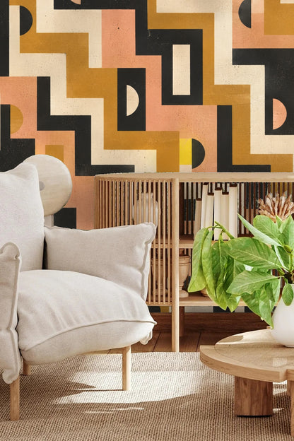 Abstract mid-century design wallpaper in warm color palette of ochre and muted coral