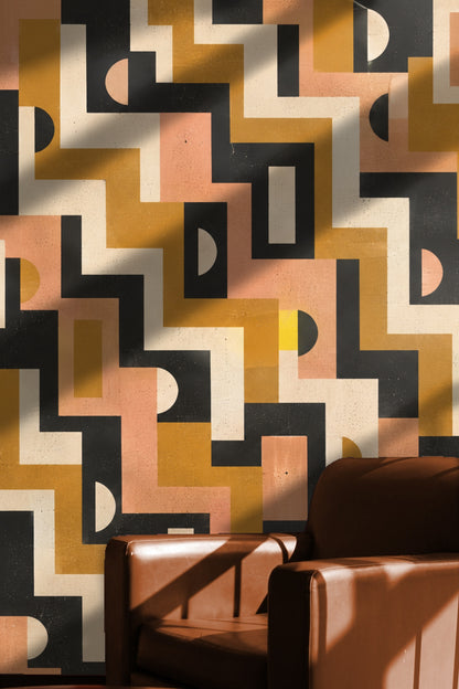 Close-up of textured surface of geometric wallpaper with visible subtle grains and worn effect