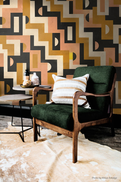 Mid-Century Mod Geometry wallpaper full pattern close-up showing zigzag and semi-circle shapes in ochre, terracotta, cream, and black