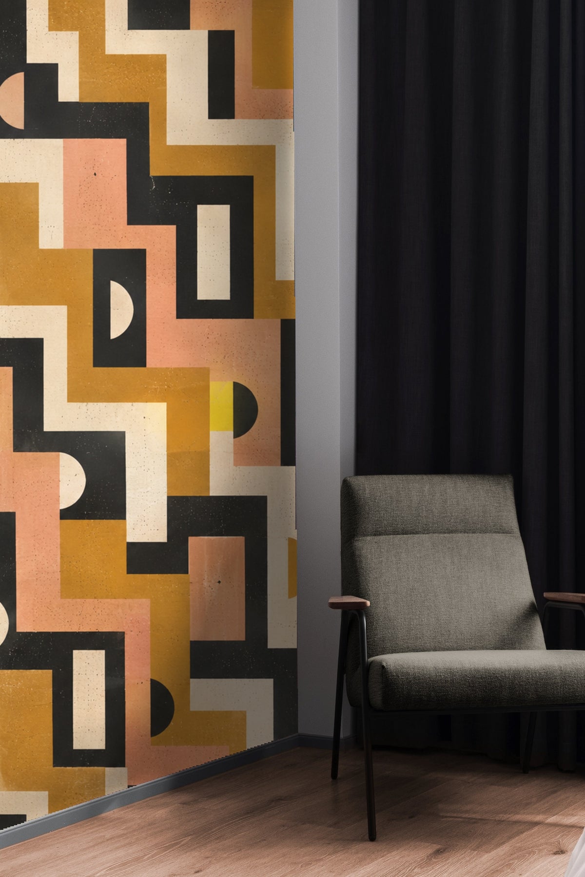 Segment detail of wallpaper pattern with mustard, peach, cream, and black geometric shapes
