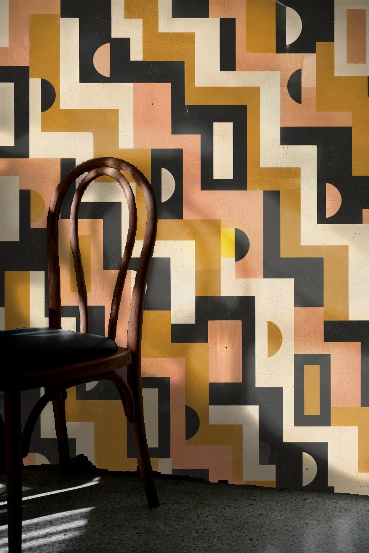 Wallpaper pattern featuring rhythmic zigzag angled blocks combined with semicircular forms