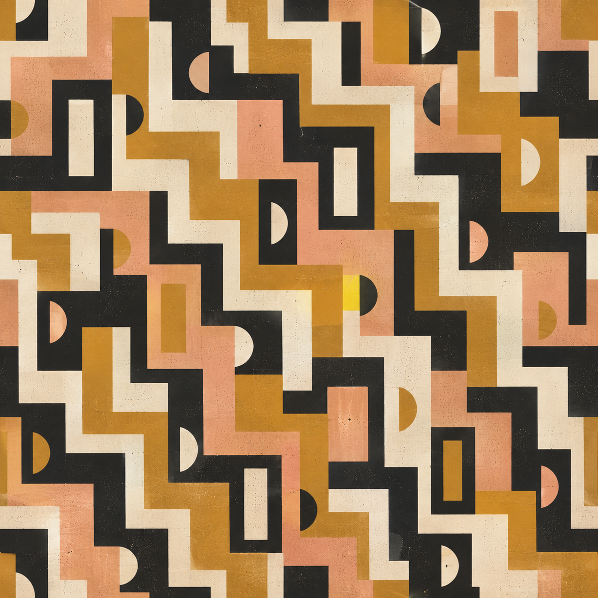 Modern wallpaper mural with retro geometric shapes blending ochre, peach, and black hues