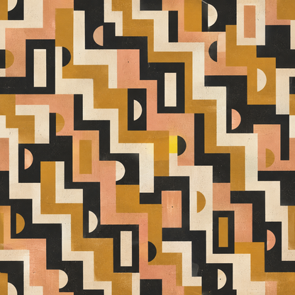 Modern wallpaper mural with retro geometric shapes blending ochre, peach, and black hues