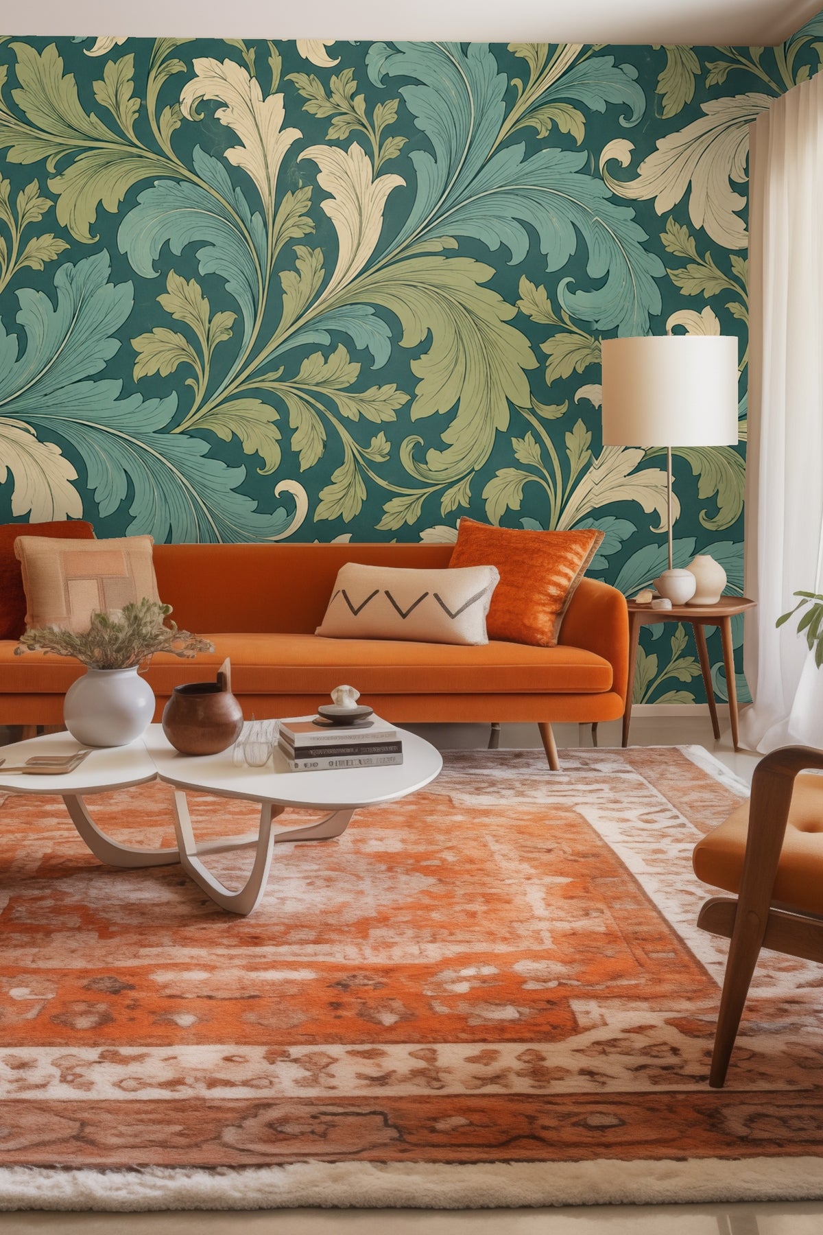 Entryway featuring green acanthus scroll wallpaper behind mid-century modern sideboard