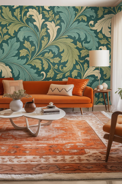Entryway featuring green acanthus scroll wallpaper behind mid-century modern sideboard