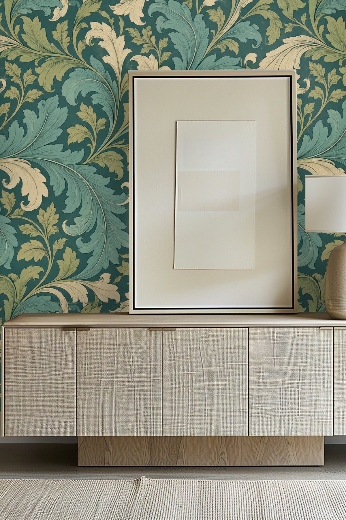 Close-up of botanical wallpaper pattern with teal and olive acanthus leaves