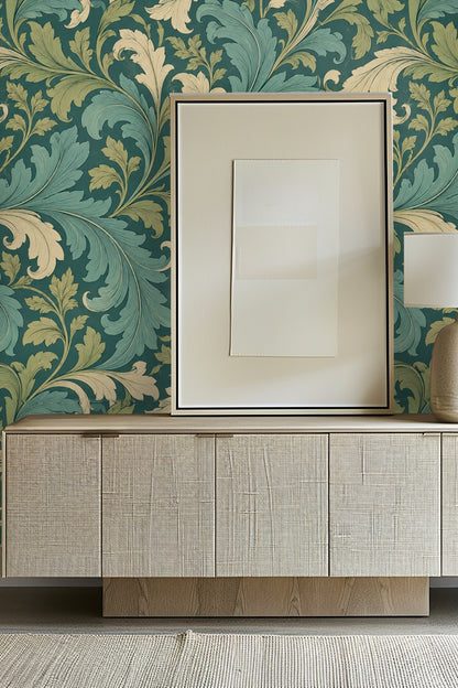 Close-up of botanical wallpaper pattern with teal and olive acanthus leaves