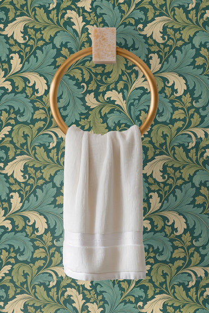 Flowing acanthus leaf motifs in wallpaper creating movement and balance