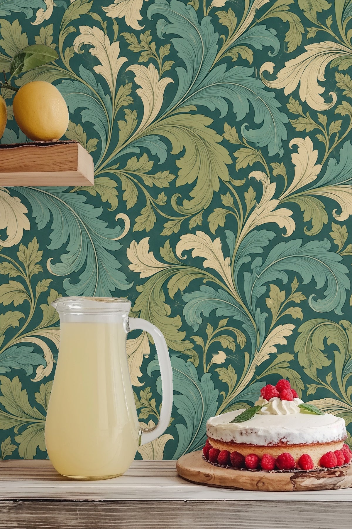 Soft natural light illuminating patterned wallpaper in living space
