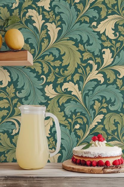 Soft natural light illuminating patterned wallpaper in living space