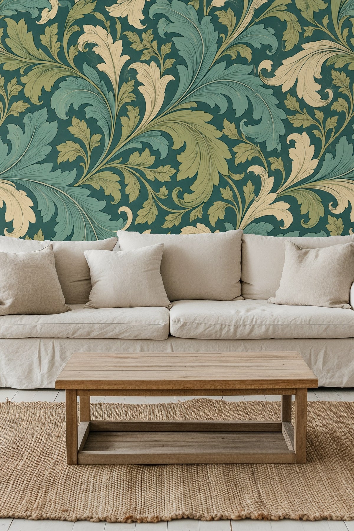 Living room with green baroque acanthus scroll wallpaper accent wall behind orange sofa