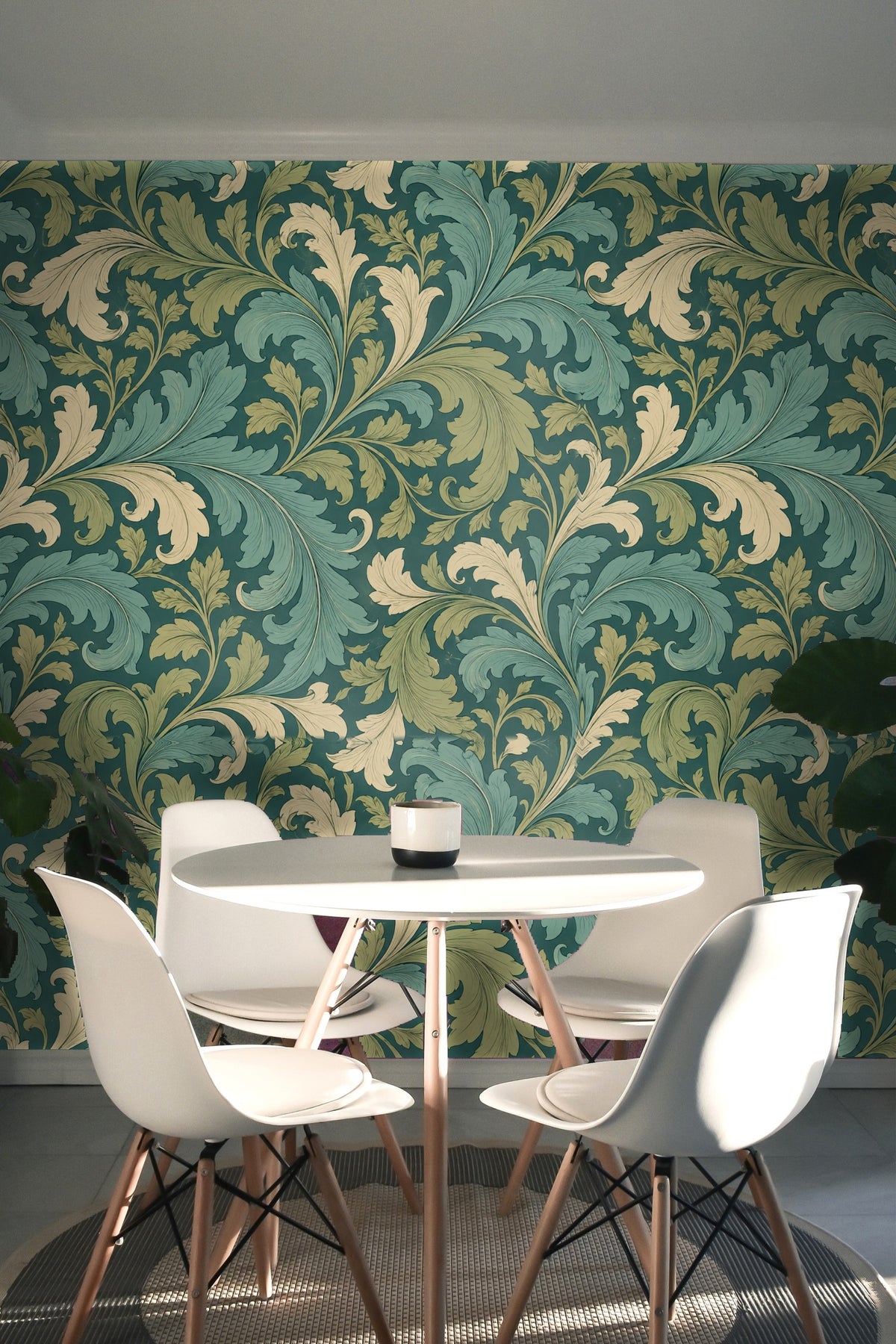 Neutral elements contrasting with richly colored acanthus wallpaper