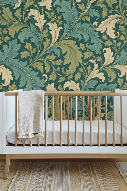 Room corner highlighting wallpaper's expansive botanical scroll composition
