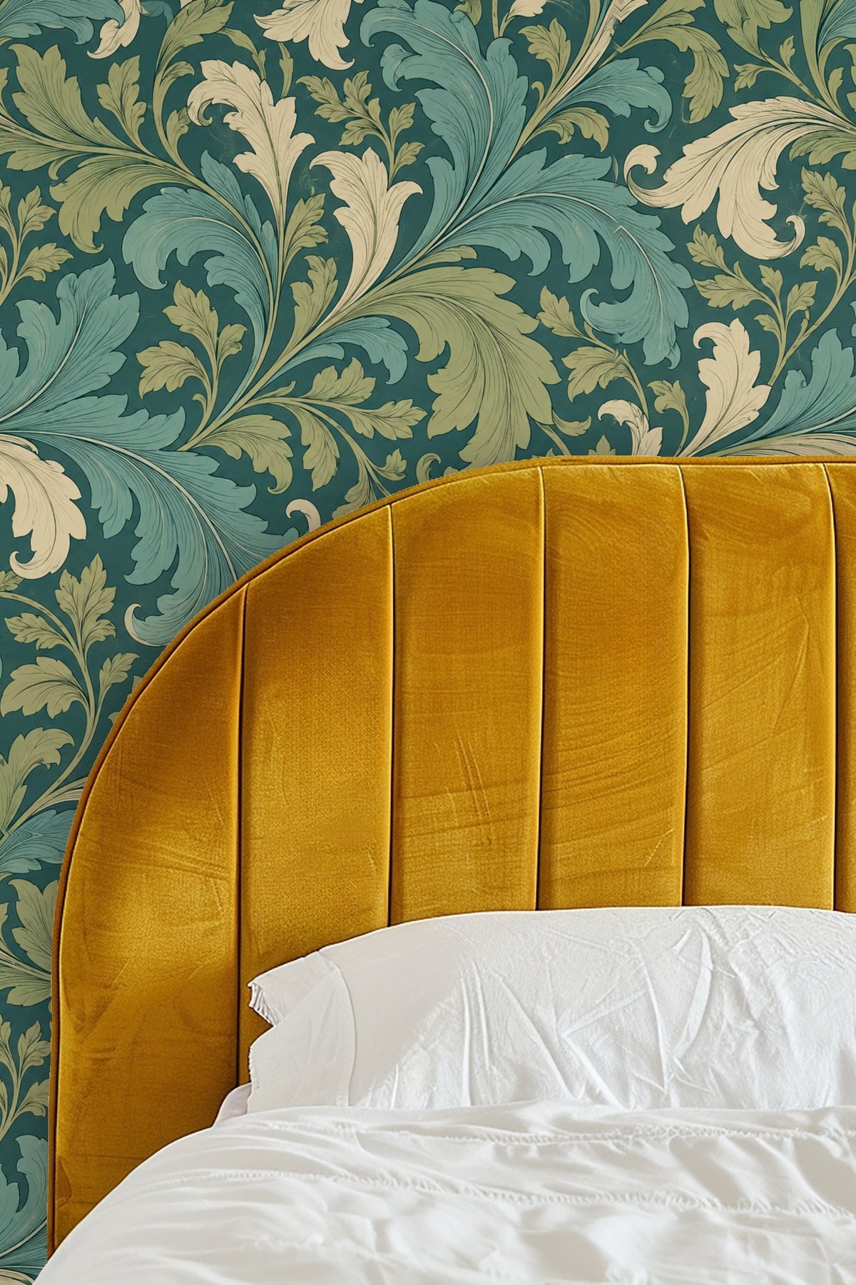 Wallpaper detail showing intricate line work on leaves in teal, green, and cream